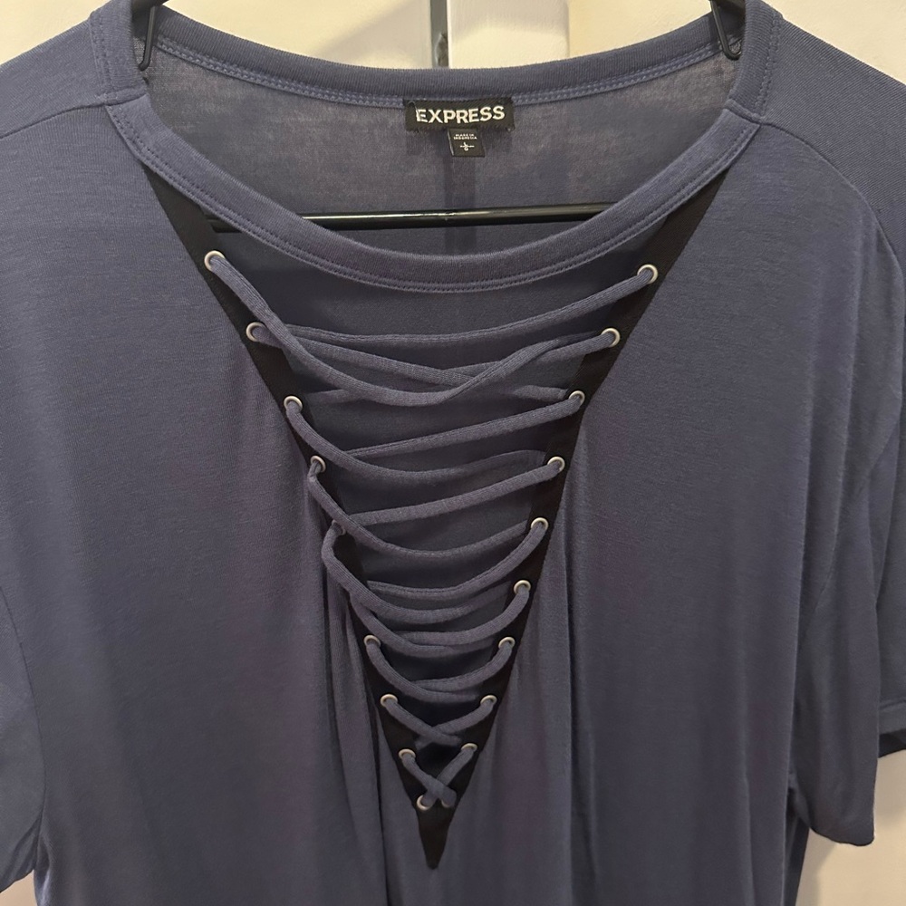 NWOT Express Dusty Blue Lace-Up Top - Picture 3 of 3